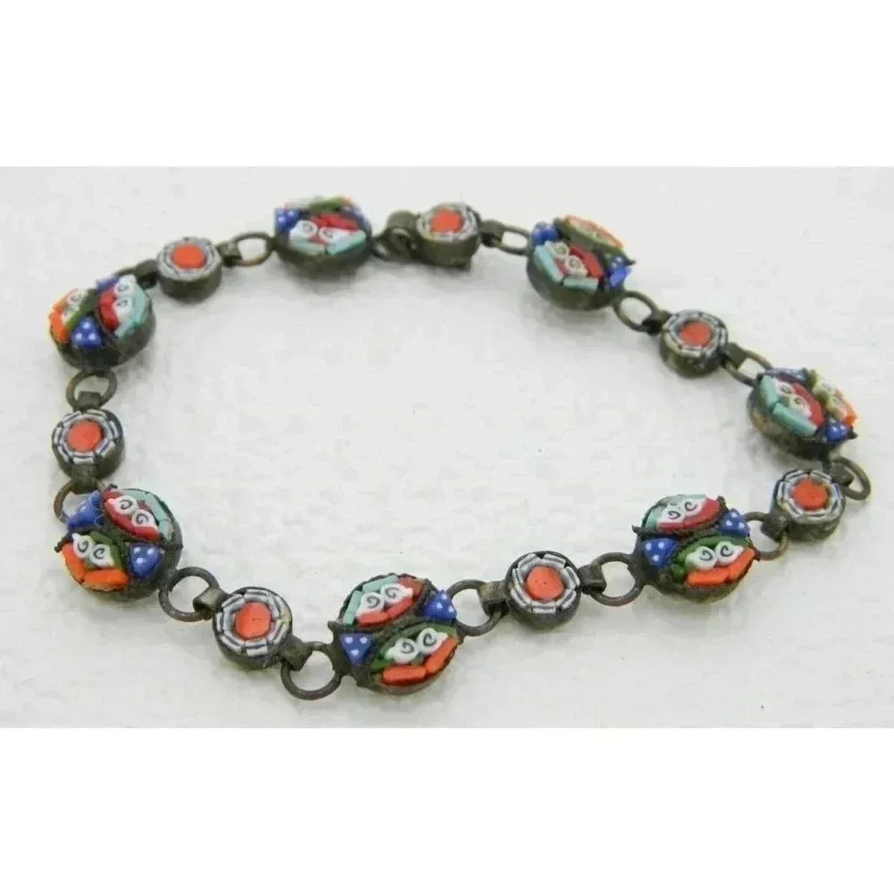 Vintage Italy Silver Toned Filigree Micro Mosaic Floral Glass Bracelet - 7.25